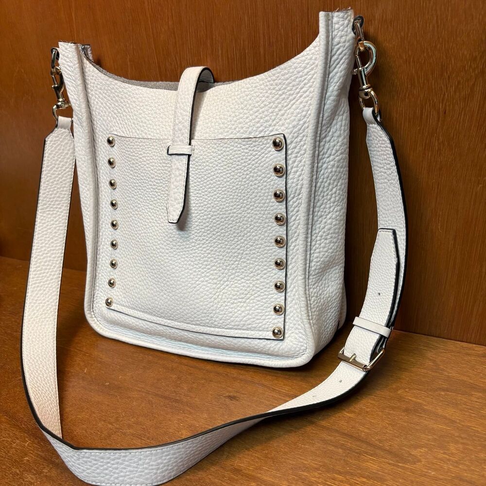 Rebecca Minkoff 2016 White Pebbled Leather Feed Bag Crossbody with Silver Studs